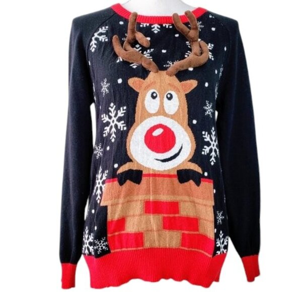 Well Worn 3D Antler Ugly Christmas Sweater Rudolph Chimney Holiday Party L - Picture 3 of 8